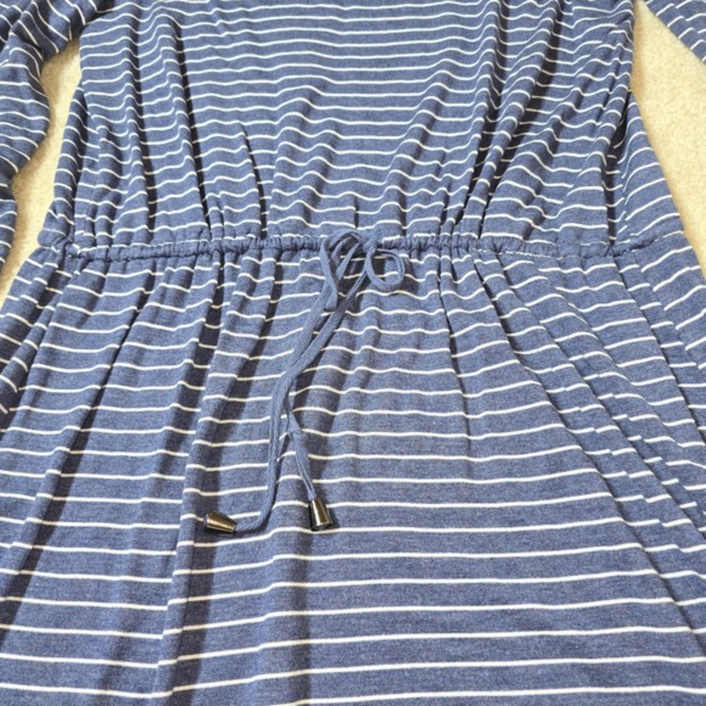 Cupio Blue White Striped 3/4 Sleeve Drawstring Waist Knit Dress XL - Picture 4 of 6